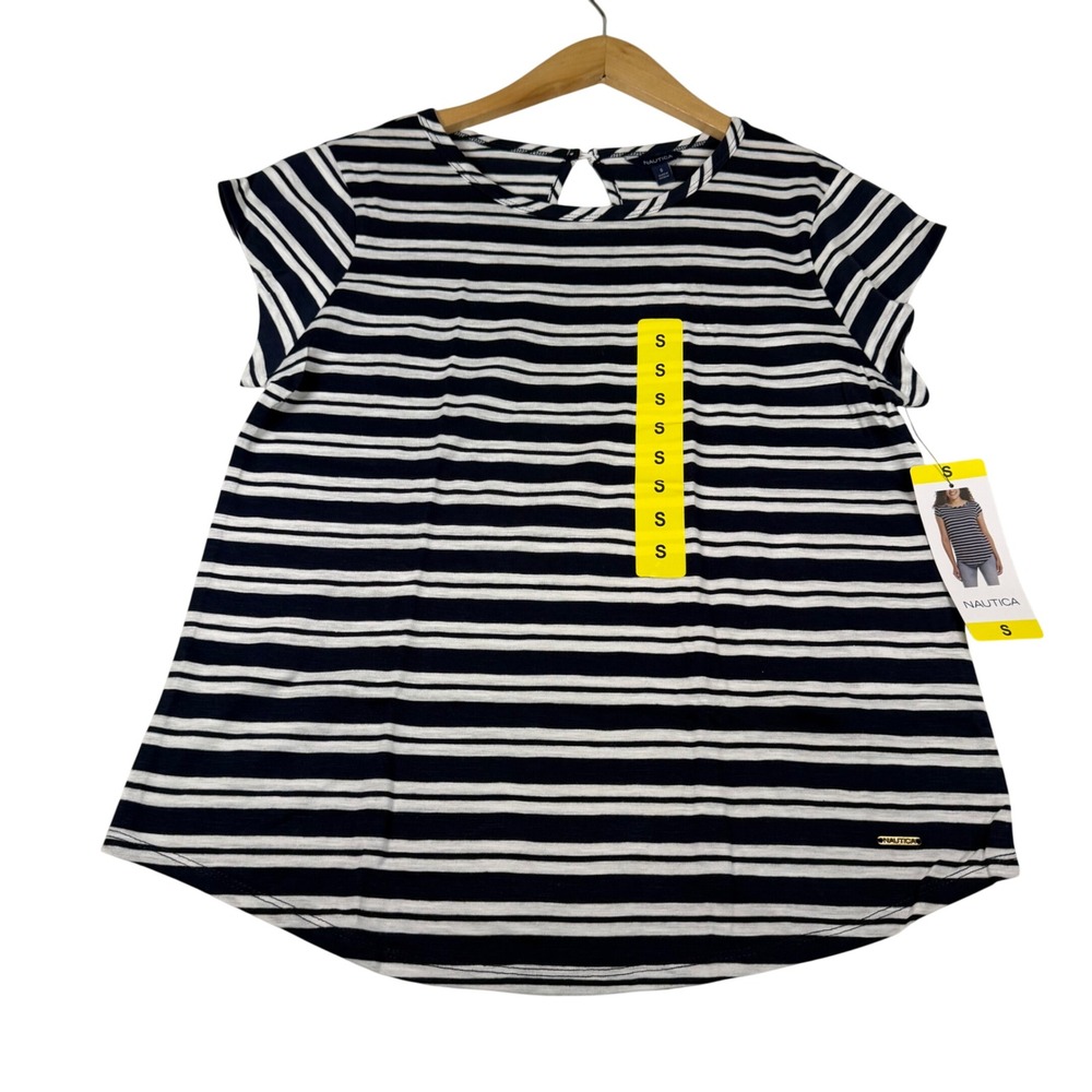 Nautica Womens Navy White Striped Short Sleeve Keyhole Back Tee Shirt Small NWT